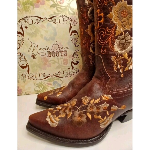 Macie Bean Boots Sz 7M Floral Embroidered Brown Leather Snip Toe Western Cowgirl